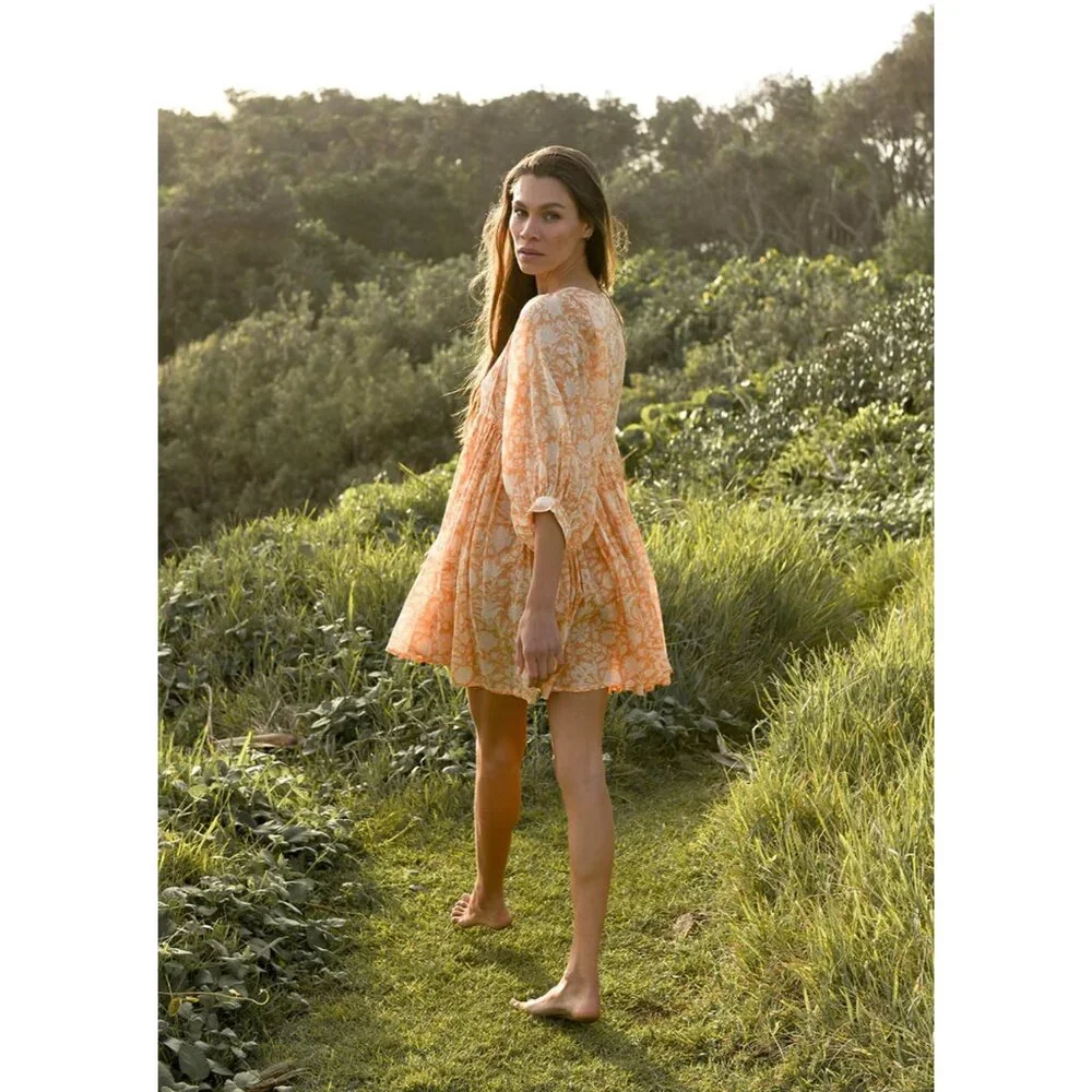 Daughter of India Kyra Mini Dress Tangerine Floral XL Boho Cotton NWOT - Picture 2 of 16